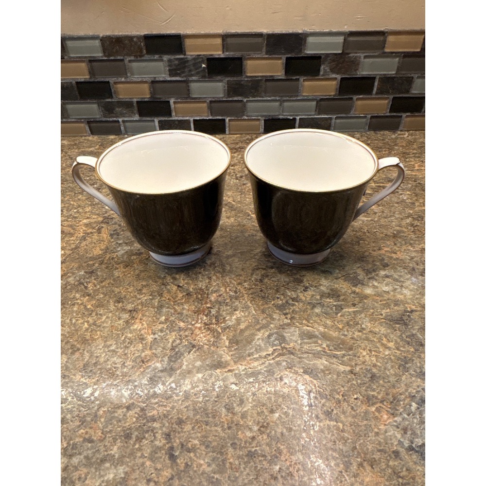 Set of 2 Vintage Dark Marble Grain Footed Teacups Gold Rim Coffee Mugs